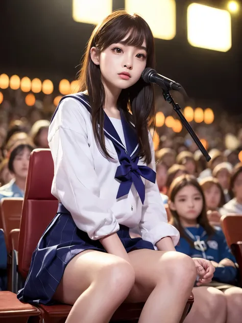 White base with purple-red sailor suit、tulle skirt、23 years old, Performing on an empty stage, concert photos, cute core、(bob hair)、(((watching the audience)))、ribbon on head、（自然でdetailed face立ち、beautiful and detailed eyes、beautiful and dense lips、very det...