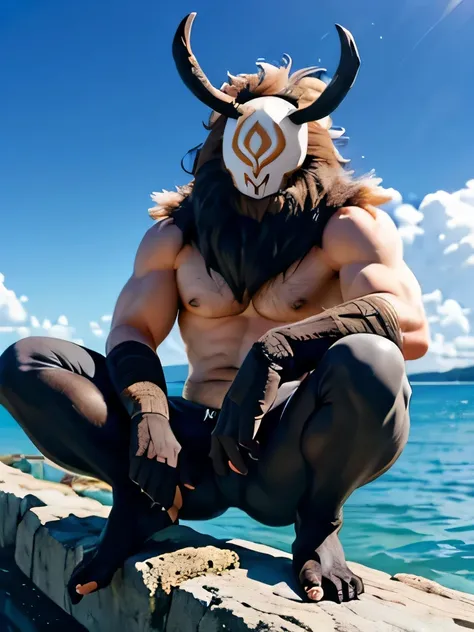 Hilichurl man, hilichurl mask, hairy body, muscular, muscular Feet, showing big hairy feet, black underwear,  bulge, ocean scenery, big hairy Feet.