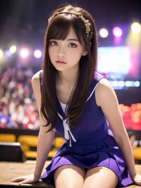 White base with purple-red sailor suit、tulle skirt、23 years old, Performing on an empty stage, concert photos, cute core、(bob hair)、(((watching the audience)))、ribbon on head、（自然でdetailed face立ち、beautiful and detailed eyes、beautiful and dense lips、very det...