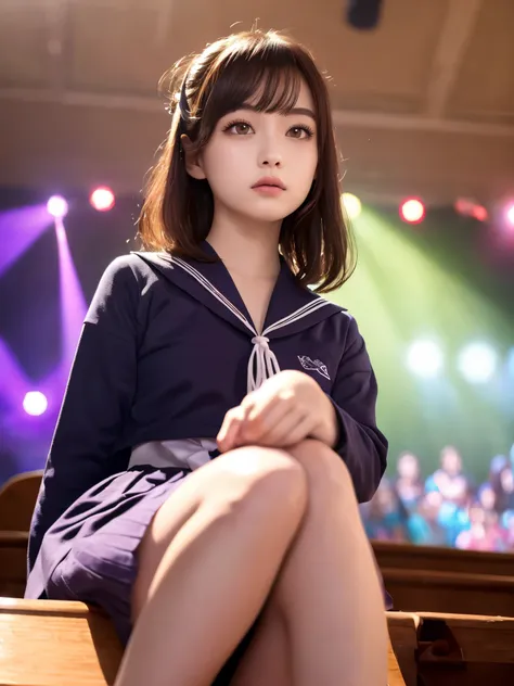 White base with purple-red sailor suit、tulle skirt、23 years old, Performing on an empty stage, concert photos, cute core、(bob hair)、(((watching the audience)))、ribbon on head、（自然でdetailed face立ち、beautiful and detailed eyes、beautiful and dense lips、very det...