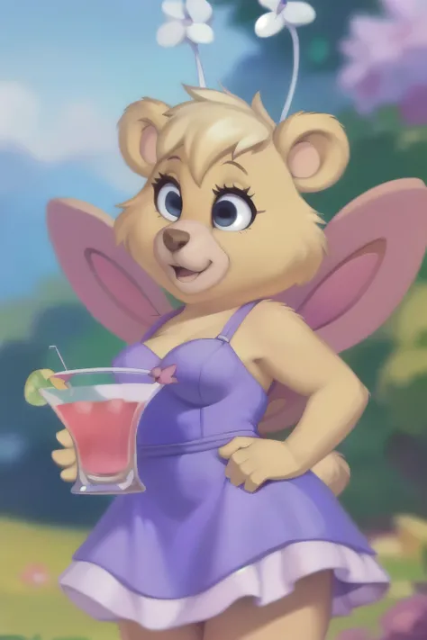 butterbear, bear, antennae_(anatomy), insect_wings, short stack, breasts, blue eyes, looking at viewer,cocktail dress, uploaded on e621, (detailed background, depth of field), (intricate:1.1), (high detail:1.2), (soft focus), (masterpiece, best quality, 4k...