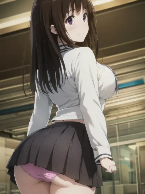 , serafuku, kamiyama high (hyouka), black skirt, long sleeve, black sailor collar, ((table top, highest quality, High resolution, nffsw, perfect pixel, 4k, nffsw, nffsw))), 1 girl, single, alone, beautiful woman、I could see the whole body、 ((middle wave ha...