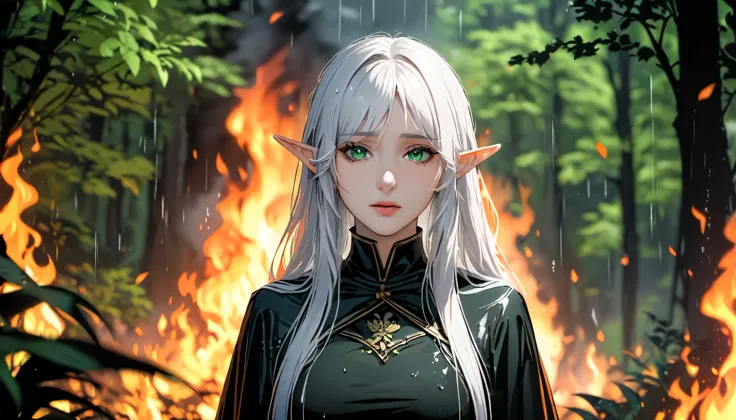 raining a lot, night, raining, best quality, masterpiece, highres, solo, {viviana_arknights}, crying, sobbing, tears, portrait, looking at viewer, Frieren, Frieren and the Journey to the Afterlife elf girl, flowing hair, white hair, fire in the forest, loo...