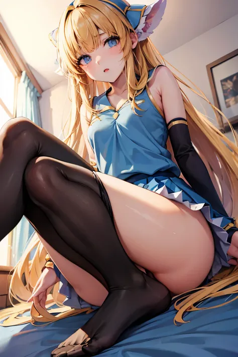 lease, blonde、long hair、cheerleader、pantyhose、Photo from below、medium chest、Bedroom、mini skirt