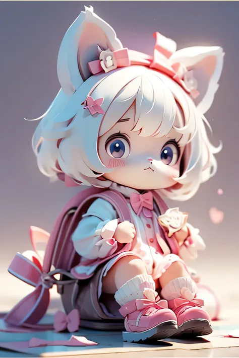 A cat wearing a pink ribbon is holding a fruit sandwich