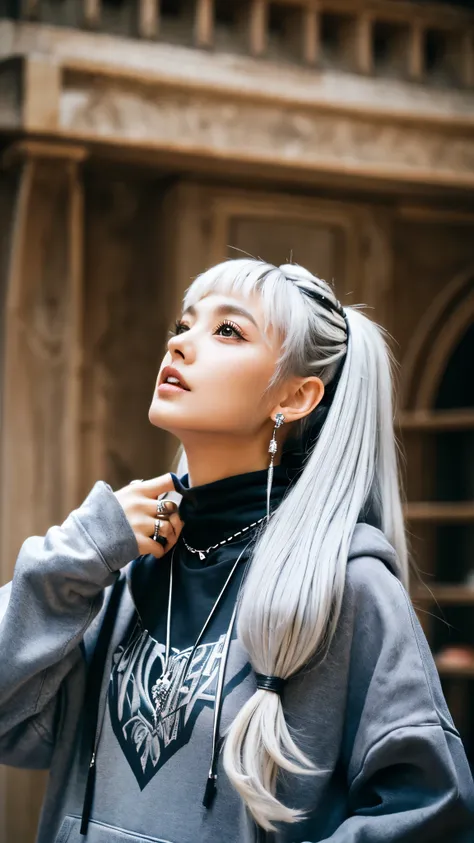 , Huge, twin tails, silver hair, hoodie, vintage gothic, Pause, cute, look up, high quality, necklace, ring, bracelet, earrings