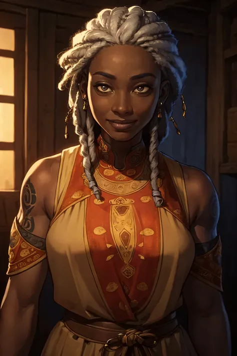 a dark skin ((50y)) woman, aged, dreadlocks hair, gray hair, tattoos on arms, cian tattoos, (wearing outfits with african prints, like a NPC for a Medieval RPG), confident expressions, smiling, at small village, | (8k, RAW photo, best quality, masterpiece:...