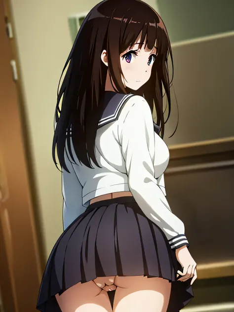 , serafuku, kamiyama high (hyouka), black skirt, long sleeve, black sailor collar, ((table top, highest quality, High resolution, nffsw, perfect pixel, 4k, nffsw, nffsw))), 1 girl, single, alone, beautiful woman、I could see the whole body、 ((middle wave ha...