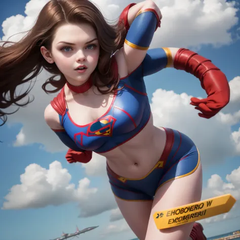 Georgie Henley como Supergirl, heroin, extremamente realista, sensual, vestindo mini saia,  flying in the blue sky like supergirl