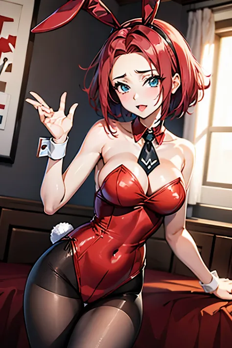 Karen, red hair、short hair、Bunny girl、pantyhose、Photo from below、medium chest、Bedroom、bunny ears