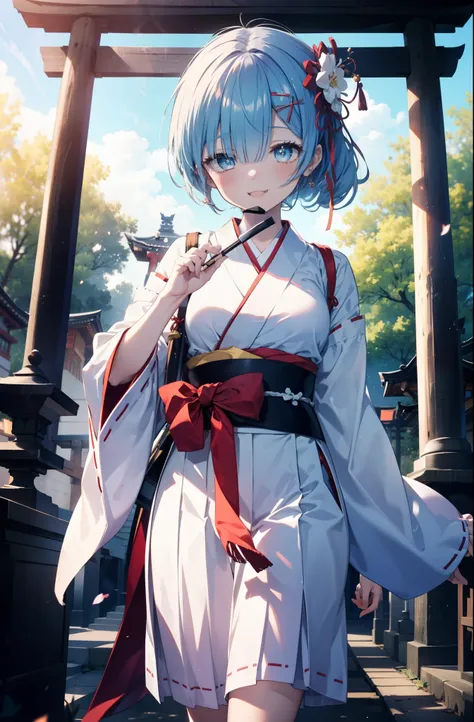 rezeroRem, Rem, blue eyes, blue hair, hair ornaments, hair above one eye, long hair,hair ribbon, x hair ornaments,happy smile, smile, open your mouth,skirt,Platycodon grandiflorum,Miko, white kimono, red hakama,white foot bag,Zori sandals,kimono, skirtと同様に...