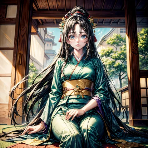 masterpiece,highest quality,Ultra high definition, Ono no Komachi, ancient Japanese court, graceful, elegant, kimono, deep jade green eyes, jet black hair, long flowing straight hair, golden hairpin, calm and pensive expression, Hairstyle that shows the fo...