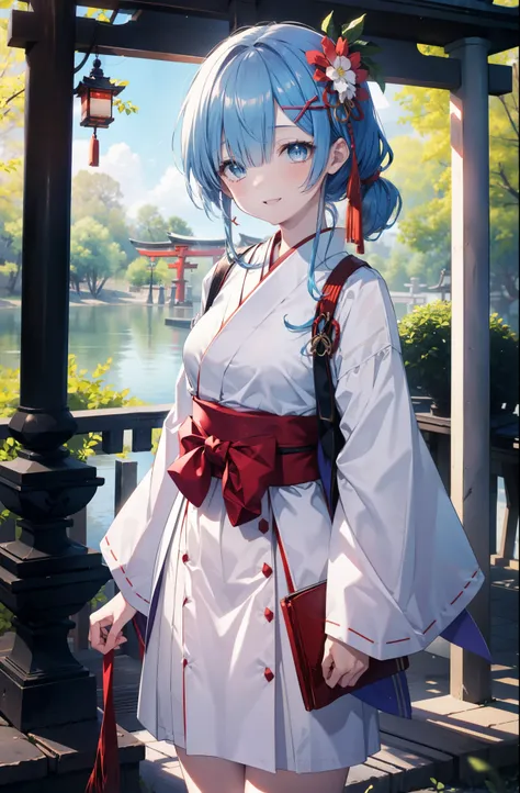 rezeroRem, Rem, blue eyes, blue hair, hair ornaments, hair above one eye, long hair,hair ribbon, x hair ornaments,happy smile, smile, open your mouth,skirt,Platycodon grandiflorum,Miko, white kimono, red hakama,white foot bag,Zori sandals,kimono, skirtと同様に...