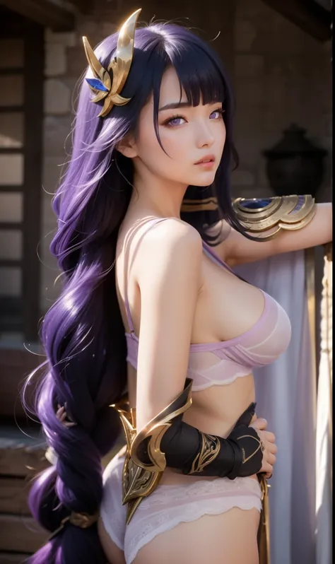 (ultra realistic photo, 8k uhd, full of details in clothes and face, masterpiece, girl goddess of beauty). Shogun Raider from Genshin Impact is a sexy woman with long, flowing purple hair, who wears a highly detailed sexy lingerie, she wears a jewel on the...