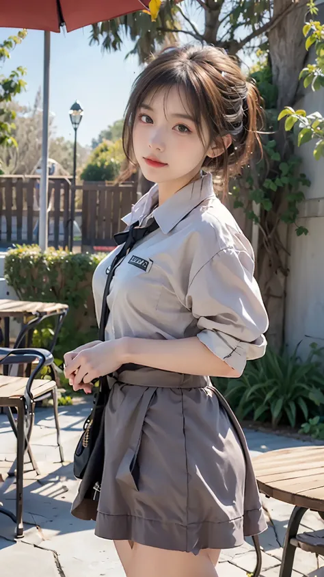 ((masterpiece)), ((highest quality)), ((High resolution)), ((Highly detailed CG Unity 8K wallpaper)), (reality: 2.0), Raw photo, 1 girl,tanned uniform, skirt, Cafe, short hair