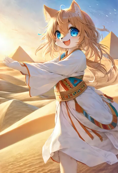 top quality, best quality, High-quality illustrations, masterpiece, super high resolution, detailed background, detailed background, desert, sand dunes, pyramid, Traditional costumes, 1girl, Natural subject pose,  Happy, joyful, absurdres(highly detailed b...