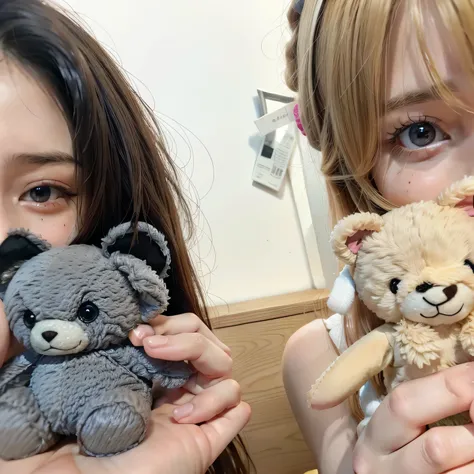 they are two girls holding teddy bears and a cell phone, captured on canon eos r 6, taken with sony alpha 9, plushie photography, kemonomimi, yoshitomo nara and aya takano, ayami kojima and lyde caldwell, Beast, taken with canon 8 0 d, with two characters,...