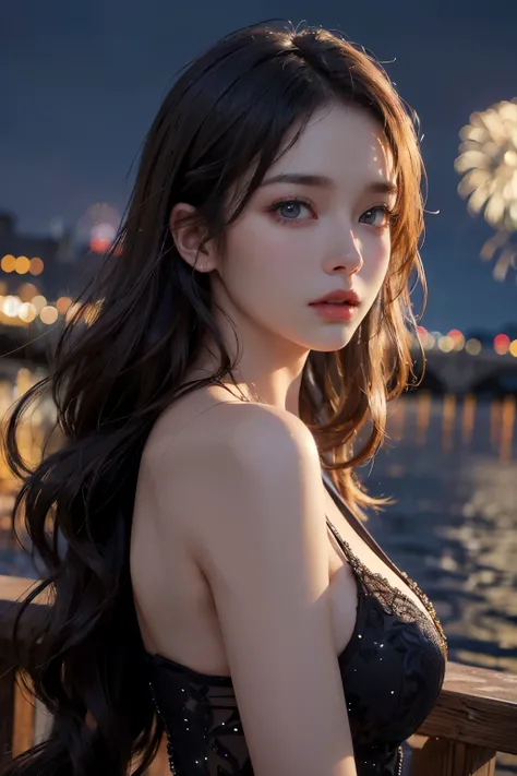 1 girl, beauty on the bridge, Exquisite eyes,beautiful and delicate lips,very detailed 눈과 얼굴,long eyelashes, wavy hair, enchanted scenery,(best quality,4K,8 thousand,high resolution,masterpiece:1.2),very detailed,(realistic,realistic,realistic:1.37), dynam...