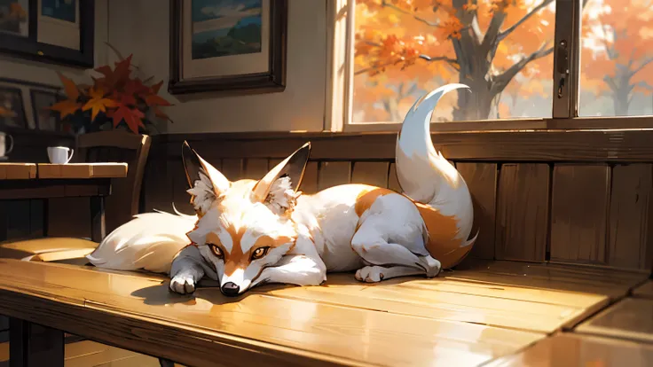 ((best quality)), ((masterpiece)), (detailed), inside coffee shop, cozy vibes, autumn colors, small fox laying on the table