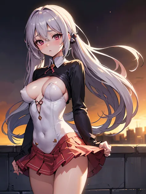 All intricate details: "(masterpiece, best quality, HuTao, 1girl, solo, blush, twintails, long hair, hair between eyes, ((very short street wear clothes)), city, outdoors, night, extremely detailed, firm breasts, medium breasts, smooth, high resolution, ul...