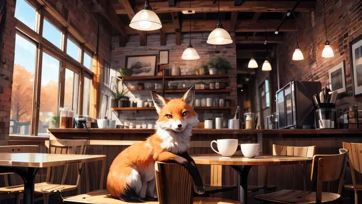 ((best quality)), ((masterpiece)), (detailed), inside coffee shop, cozy vibes, autumn colors, small fox laying on the table