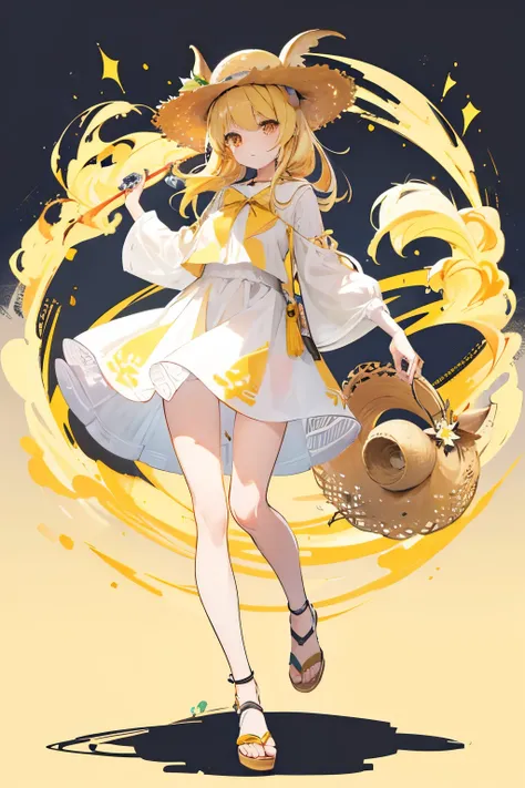 Character design, full body, blonde girl, yellow goat eyes, modern summer clothes, interesting design, goat ears, light background, straw hat
