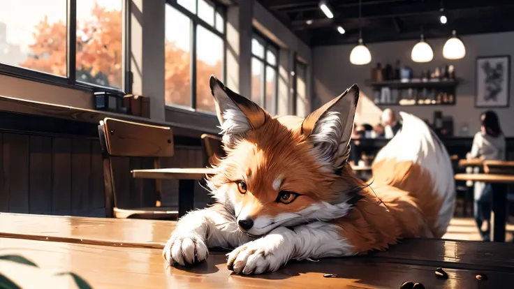 ((best quality)), ((masterpiece)), (detailed), inside coffee shop, cozy vibes, autumn colors, small fox laying on the table