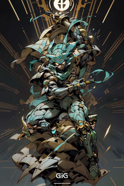 In the realm of comic books, there exists a charismatic figure dressed in a suite adorned with hues of light indigo and emerald. Equipped with a gun, this mechanized marvel reflects an ethereal yet striking presence, reminiscent of Xbox 360 graphics. His s...