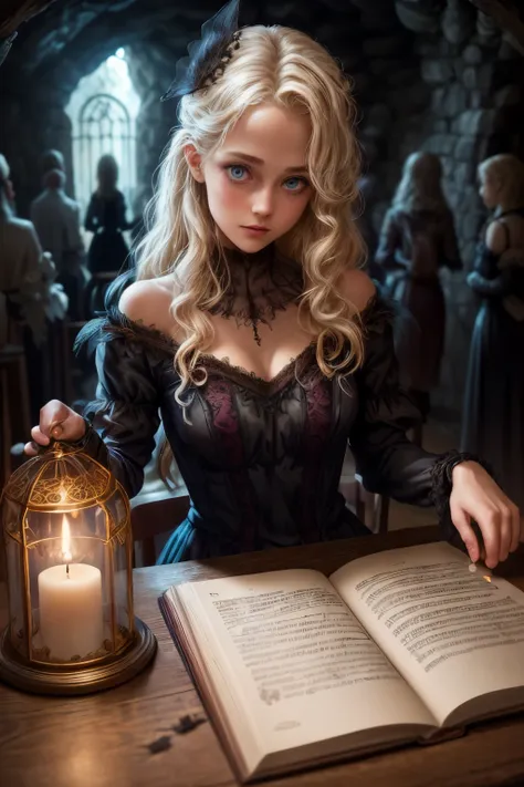 illustration of 15 years old Virginia Otis blonde hair blue eyes youngest cute face, from the Canterville Ghost, furtively observing a group of followers of the Goddess Freia who are celebrating a forbidden ritual inside a mysterious cave. We are sure that...