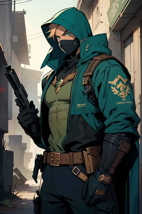 In the midst of a cargopunk-inspired world, a comic character with a strong facial expression stands tall, holding a gun tightly in their hands. The style of the image is reminiscent of light teal and light bronze hues, creating a captivating visual contra...