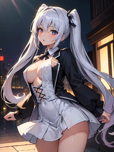 All intricate details: "(masterpiece, best quality, HuTao, 1girl, solo, blush, twintails, long hair, hair between eyes, ((very short street wear very short clothes)), city, outdoors, night, extremely detailed, firm breasts, medium breasts, smooth, high res...