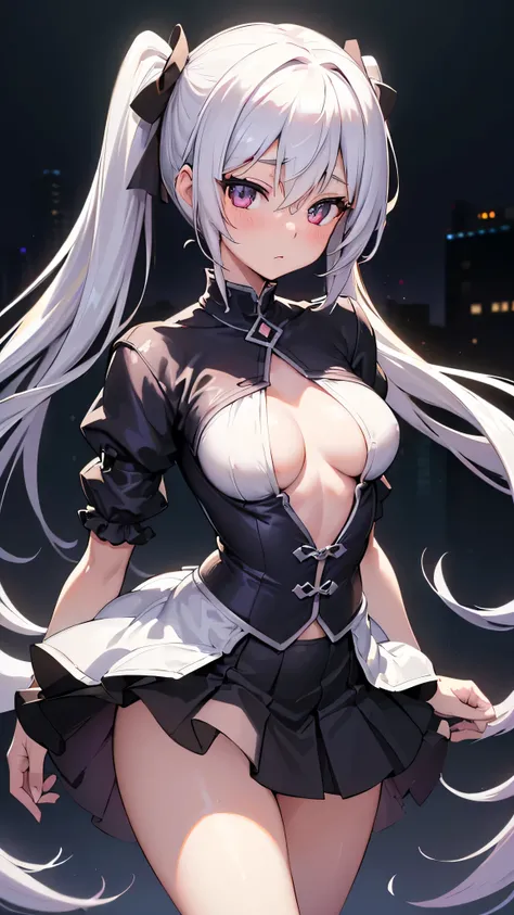 All intricate details: "(masterpiece, best quality, HuTao, 1girl, solo, blush, twintails, long hair, hair between eyes, ((very short street wear very short clothes)), city, outdoors, night, extremely detailed, firm breasts, medium breasts, smooth, high res...