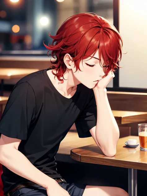 1boy, cool style,Black t-shirt,Sitting in a cafe, at night, Facing right, camera angle from the side,looking away, looking away,pouting lips,close up photo,handsome,Shoulder length hair,curly hair, red hair,black trousers, black t-shirt,closed eyes, vampir...