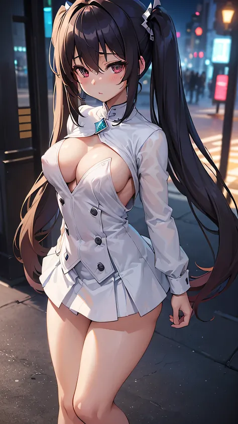 All intricate details: "(masterpiece, best quality, HuTao, 1girl, solo, blush, twintails, long hair, hair between eyes, ((very short street wear very short clothes)), city, outdoors, night, extremely detailed, firm breasts, medium breasts, smooth, high res...