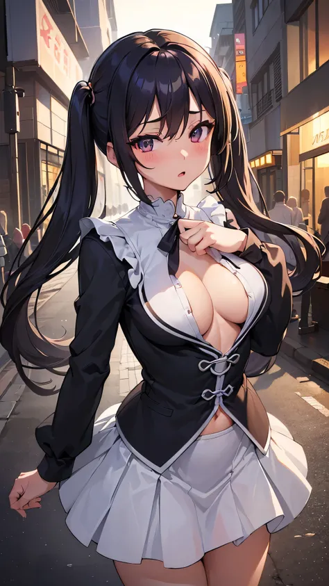 All intricate details: "(masterpiece, best quality, HuTao, 1girl, solo, blush, twintails, long hair, hair between eyes, ((very short street wear very short clothes)), city, outdoors, night, extremely detailed, firm breasts, medium breasts, smooth, high res...