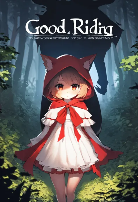 cover page, top quality, best quality, High-quality illustrations, masterpiece, absurdres, perfect anatomy(1girl, solo, furry, kemono)Red Riding Hood, forest, looking at Viewer, Its really a horrible Grimm fairy tale., good lighting, cinematic shadow,