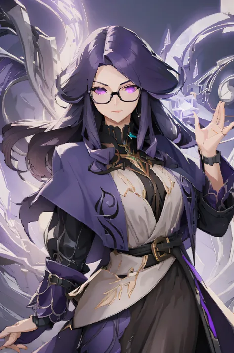 Mature woman, long purple hair, glasses, dark mage rod