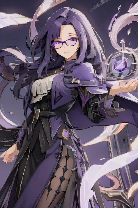 Mature woman, long purple hair, glasses, dark mage rod