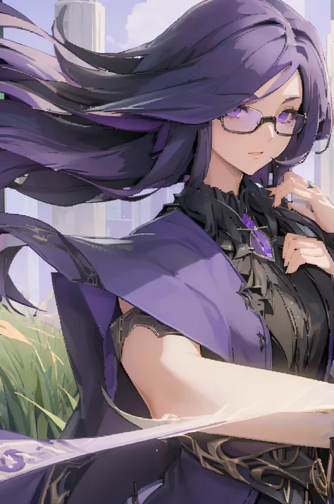 Mature woman, long purple hair, glasses, dark mage rod, walking through the grassy field