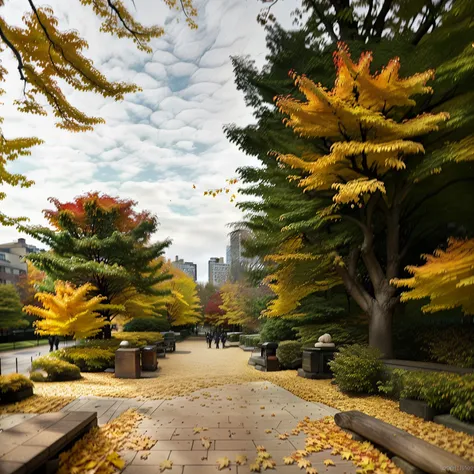 trees with yellow leaves line a walkway in a park, maple trees along street, by whitney sherman, maple trees with fall foliage, ...