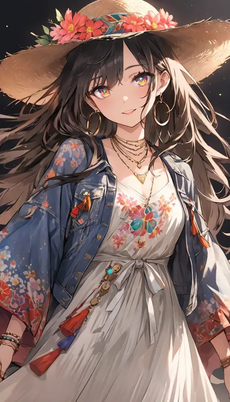 (highest quality、masterpiece、High resolution、detailed),(Shining eyes、detailed beautiful face)、1girl,
BREAK
//Fashions 
Celestial Blossom Urban Boho,
This costume blends the ethereal beauty of flower cosmos with the free-spirited vibes of urban bohemian fas...