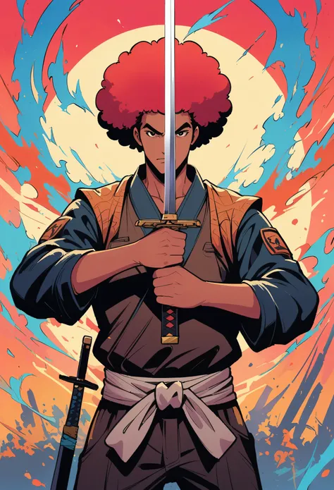 Afro Samurai,mcbess style,Sword in both hands，sword focus