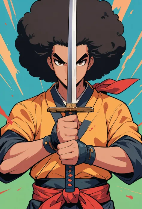 Afro Samurai,mcbess style,Sword in both hands，sword focus