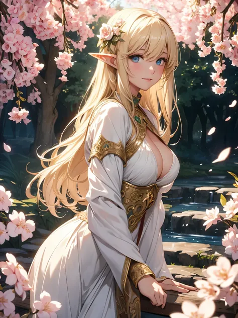 Beautiful elf beauty　Beautiful eyes、Gentle atmosphere、beautiful dress、cowboy shot,a lot of cherry blossom、fantasy、sexy、friendly smile、spectacular scenery、fantasy、magic light、mysterious light、Fairy Light、rembrandt　Light Magical Gentle Light 、starrynight,uni...