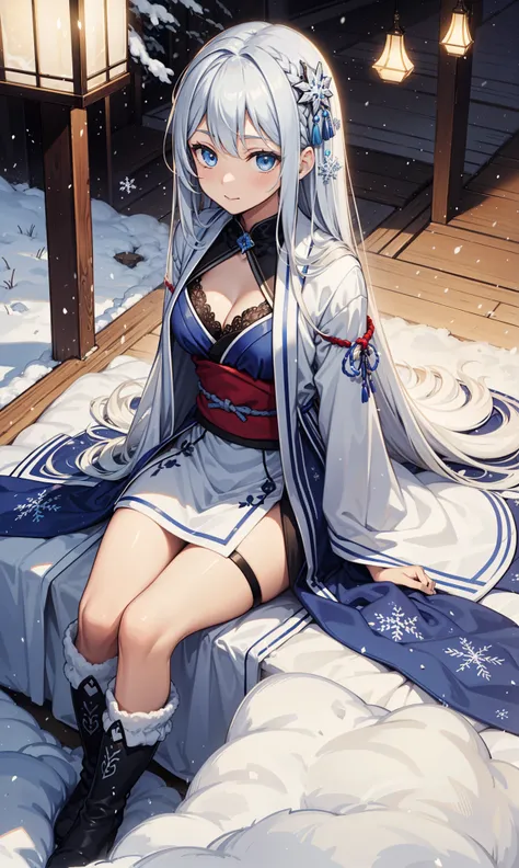 saints，Attractions，having fun，in love，(Western magic white dress)，silver hair，blue eyes，Suitable for transparent clothes，Decoration of saints，Sky blue cloth，Snowflake pattern，Sky blue pattern，snowy night，Transparent lace，exquisite clothing，sitting position...