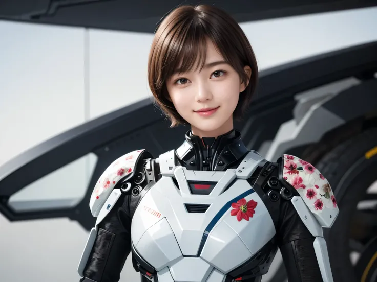 207 Short Hair, 20 year old female, Floral, gentle smile, futuristic clothes, mechanical suit