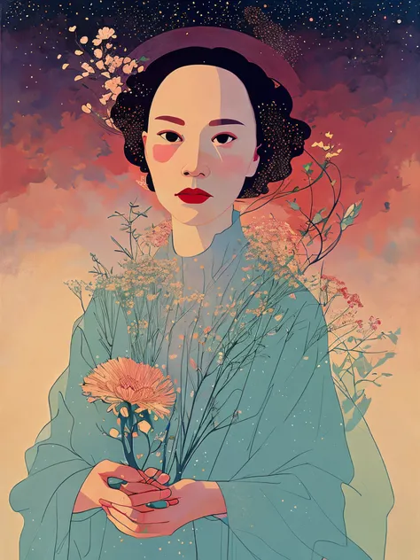 a painting of a woman holding a flower in her right hand and a sky in the background by Victo Ngai