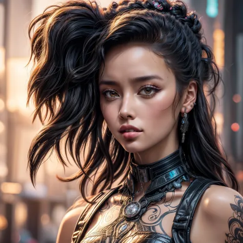 ((profile image, close-up, hyper-realistic, photorealistic, intricate details)), a young cyberpunk Japanese girl, with full lips (red lipstick), silky skin, beautiful 80s style flowing hair, with hair clips in the shape of a butterfly, wearing a sleeveless...