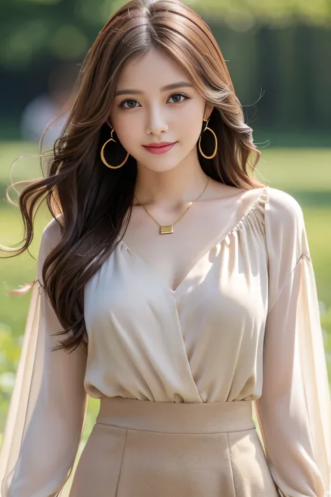 Show a glimpse、whole body、field, highest quality, realistic, Super detailed, down to the last detail, High resolution, 4k wallpaper, Beautiful woman,, light brown hair, wore a suit, perfect dynamic composition, beautiful and delicate eyes, delicate hair, R...