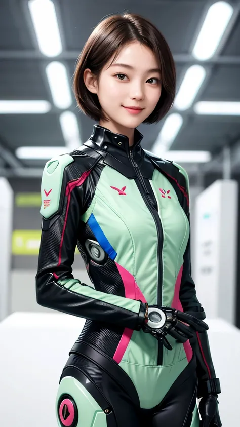 207 Short Hair, 20 year old female, Floral, gentle smile, futuristic clothes, mechanical suit